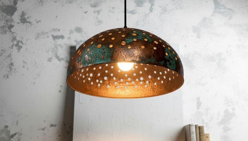 Pierced Copper Dome Pendant Light, Handmade Moroccan Green Patina Copper Chandelier, Rustic Perforated Kitchen Island Hanging Lamp, Boho Farmhouse Ceiling Light Fixture