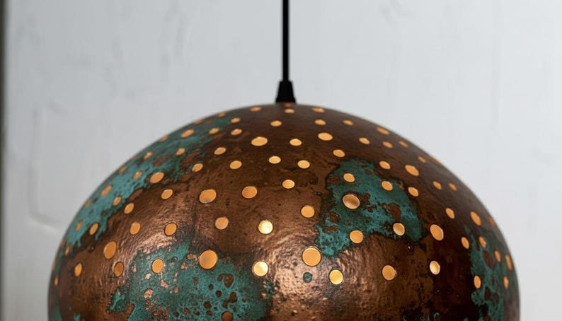 Pierced Copper Dome Pendant Light, Handmade Moroccan Green Patina Copper Chandelier, Rustic Perforated Kitchen Island Hanging Lamp, Boho Farmhouse Ceiling Light Fixture