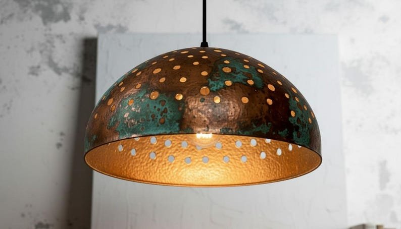 Pierced Copper Dome Pendant Light, Handmade Moroccan Green Patina Copper Chandelier, Rustic Perforated Kitchen Island Hanging Lamp, Boho Farmhouse Ceiling Light Fixture