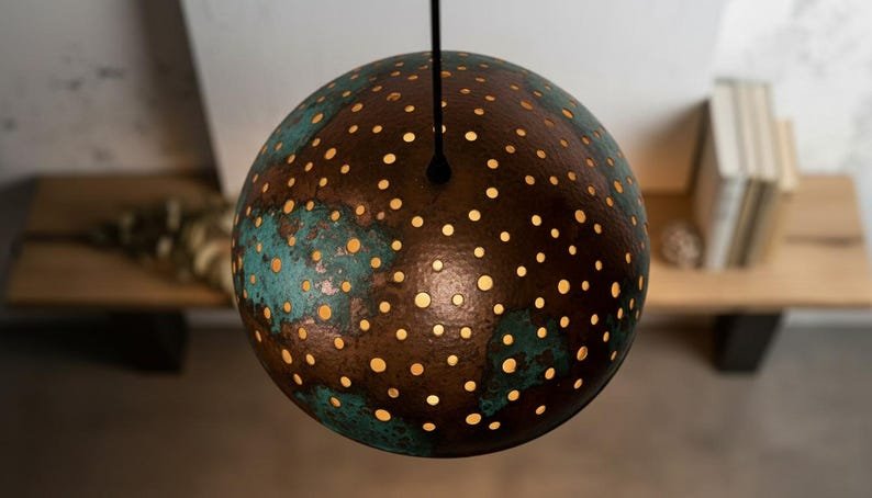 Pierced Copper Dome Pendant Light, Handmade Moroccan Green Patina Copper Chandelier, Rustic Perforated Kitchen Island Hanging Lamp, Boho Farmhouse Ceiling Light Fixture
