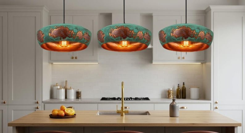Turquoise Patina Copper Pendant Light, Handmade Drum Dome Ceiling Lamp, Rustic Moroccan Kitchen Island Chandelier with Hammered Copper Interior