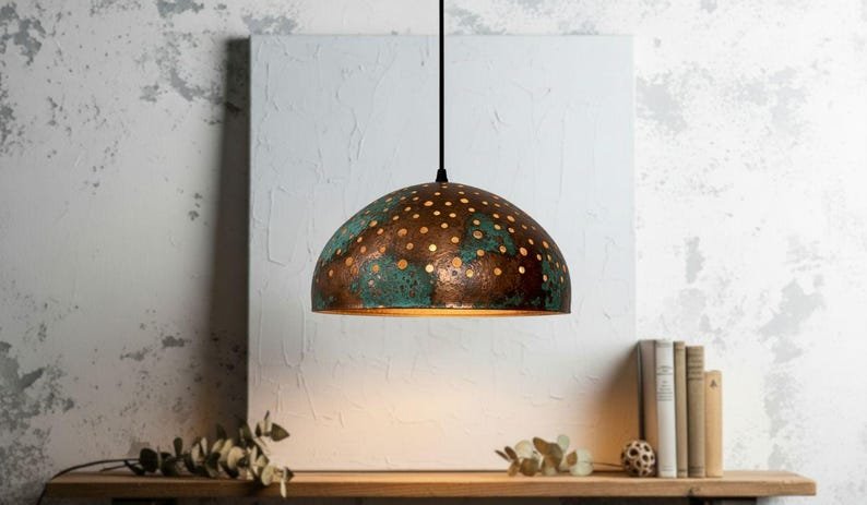 Pierced Copper Dome Pendant Light, Handmade Moroccan Green Patina Copper Chandelier, Rustic Perforated Kitchen Island Hanging Lamp, Boho Farmhouse Ceiling Light Fixture