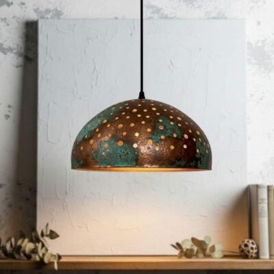Pierced Copper Dome Pendant Light, Handmade Moroccan Green Patina Copper Chandelier, Rustic Perforated Kitchen Island Hanging Lamp, Boho Farmhouse Ceiling Light Fixture