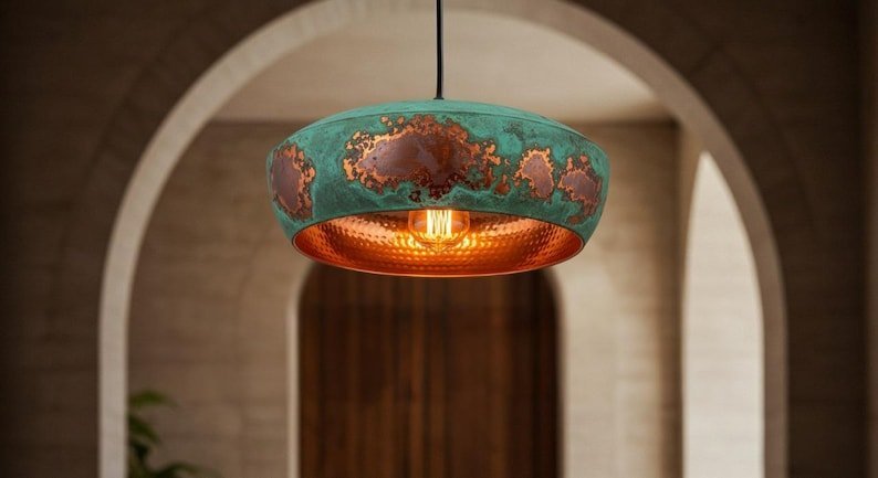 Turquoise Patina Copper Pendant Light, Handmade Drum Dome Ceiling Lamp, Rustic Moroccan Kitchen Island Chandelier with Hammered Copper Interior
