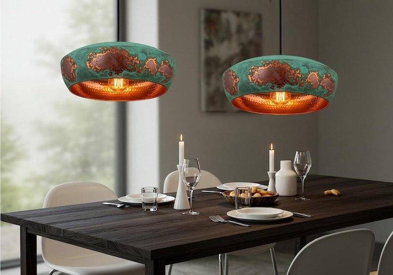 Turquoise Patina Copper Pendant Light, Handmade Drum Dome Ceiling Lamp, Rustic Moroccan Kitchen Island Chandelier with Hammered Copper Interior