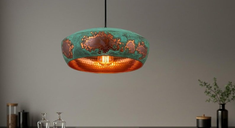 Turquoise Patina Copper Pendant Light, Handmade Drum Dome Ceiling Lamp, Rustic Moroccan Kitchen Island Chandelier with Hammered Copper Interior