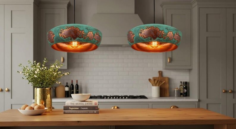 Turquoise Patina Copper Pendant Light, Handmade Drum Dome Ceiling Lamp, Rustic Moroccan Kitchen Island Chandelier with Hammered Copper Interior