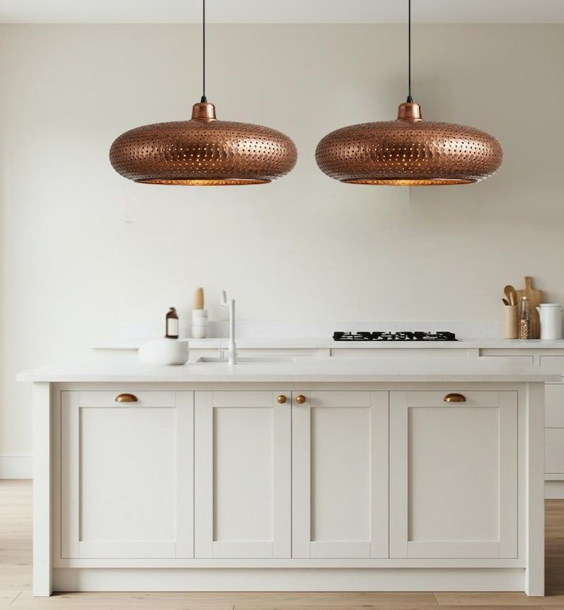Hammered Copper Saucer Pendant Light, Handmade Moroccan Perforated Copper Kitchen Island Chandelier, Rustic Boho Farmhouse Hanging Ceiling Light Fixture