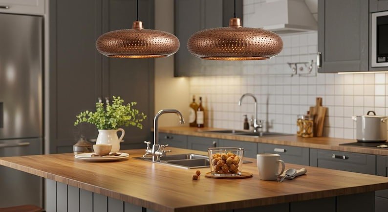 Hammered Copper Saucer Pendant Light, Handmade Moroccan Perforated Copper Kitchen Island Chandelier, Rustic Boho Farmhouse Hanging Ceiling Light Fixture