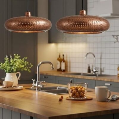 Hammered Copper Saucer Pendant Light, Handmade Moroccan Perforated Copper Kitchen Island Chandelier, Rustic Boho Farmhouse Hanging Ceiling Light Fixture