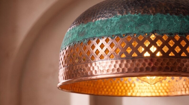 Handmade Moroccan Brass Pendant Light – Hammered Dome Ceiling Lamp with Verdigris Patina, Pierced Diamond Lattice & Antique Copper Finish