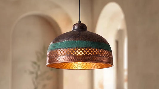 Handmade Moroccan Brass Pendant Light – Hammered Dome Ceiling Lamp with Verdigris Patina, Pierced Diamond Lattice & Antique Copper Finish