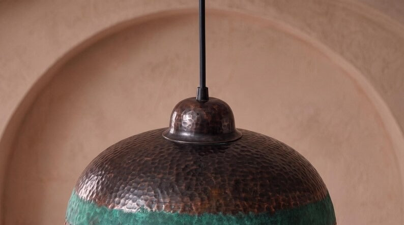 Handmade Moroccan Brass Pendant Light – Hammered Dome Ceiling Lamp with Verdigris Patina, Pierced Diamond Lattice & Antique Copper Finish