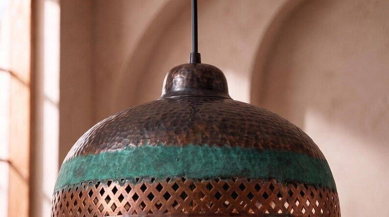 Handmade Moroccan Brass Pendant Light – Hammered Dome Ceiling Lamp with Verdigris Patina, Pierced Diamond Lattice & Antique Copper Finish