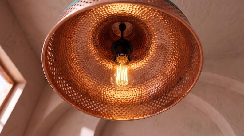 Handmade Moroccan Brass Pendant Light – Hammered Dome Ceiling Lamp with Verdigris Patina, Pierced Diamond Lattice & Antique Copper Finish