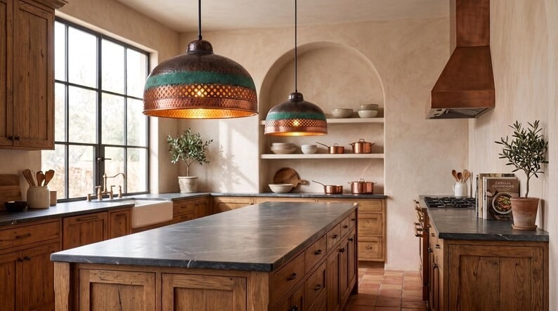 Handmade Moroccan Brass Pendant Light – Hammered Dome Ceiling Lamp with Verdigris Patina, Pierced Diamond Lattice & Antique Copper Finish