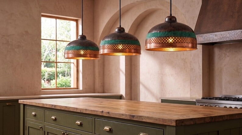 Handmade Moroccan Brass Pendant Light – Hammered Dome Ceiling Lamp with Verdigris Patina, Pierced Diamond Lattice & Antique Copper Finish