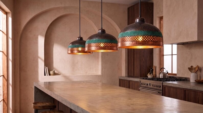 Handmade Moroccan Brass Pendant Light – Hammered Dome Ceiling Lamp with Verdigris Patina, Pierced Diamond Lattice & Antique Copper Finish