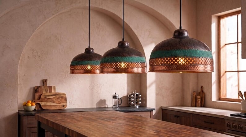Handmade Moroccan Brass Pendant Light – Hammered Dome Ceiling Lamp with Verdigris Patina, Pierced Diamond Lattice & Antique Copper Finish