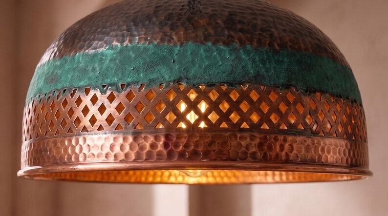 Handmade Moroccan Brass Pendant Light – Hammered Dome Ceiling Lamp with Verdigris Patina, Pierced Diamond Lattice & Antique Copper Finish