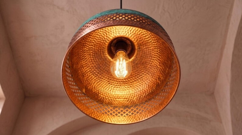 Handmade Moroccan Brass Pendant Light – Hammered Dome Ceiling Lamp with Verdigris Patina, Pierced Diamond Lattice & Antique Copper Finish