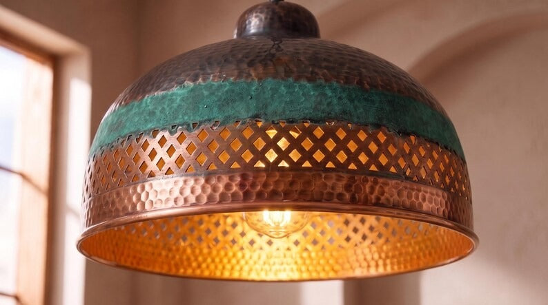 Handmade Moroccan Brass Pendant Light – Hammered Dome Ceiling Lamp with Verdigris Patina, Pierced Diamond Lattice & Antique Copper Finish