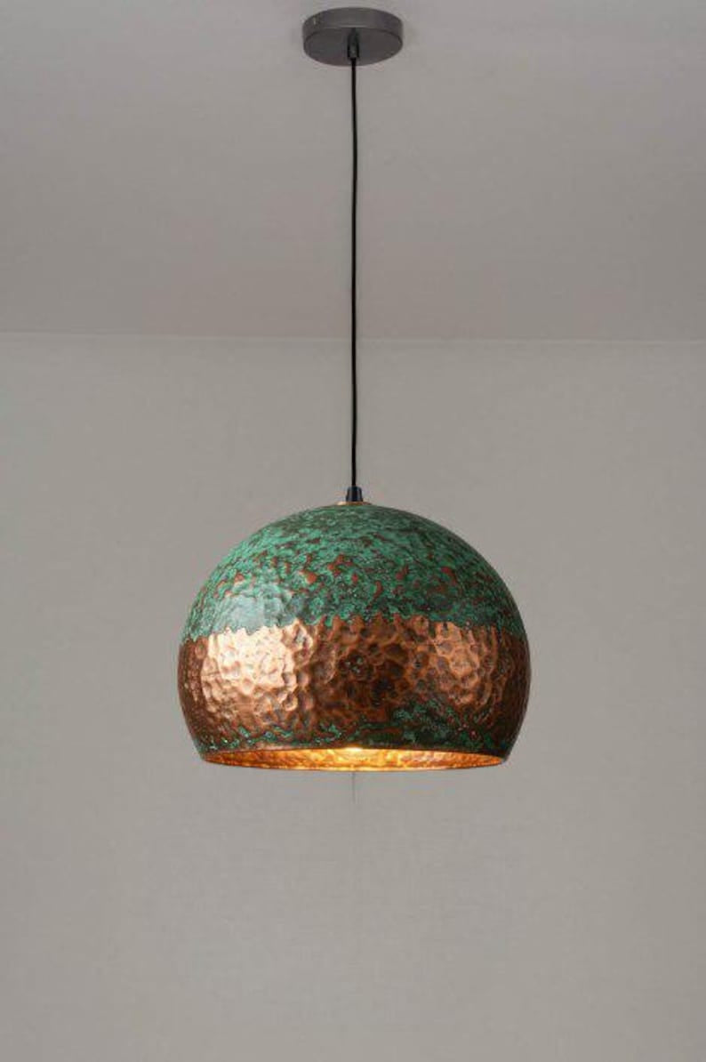 Handmade Green Patina Brass Pendant Light – Moroccan Hammered Copper Dome Hanging Lamp for Kitchen Island, Dining Room & Boho Home Décor