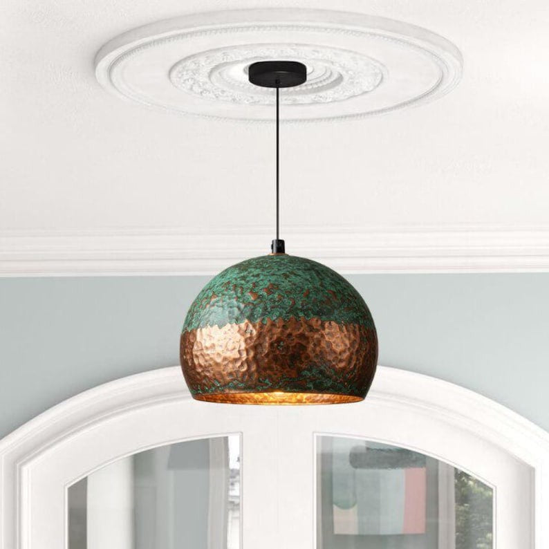 Handmade Green Patina Brass Pendant Light – Moroccan Hammered Copper Dome Hanging Lamp for Kitchen Island, Dining Room & Boho Home Décor