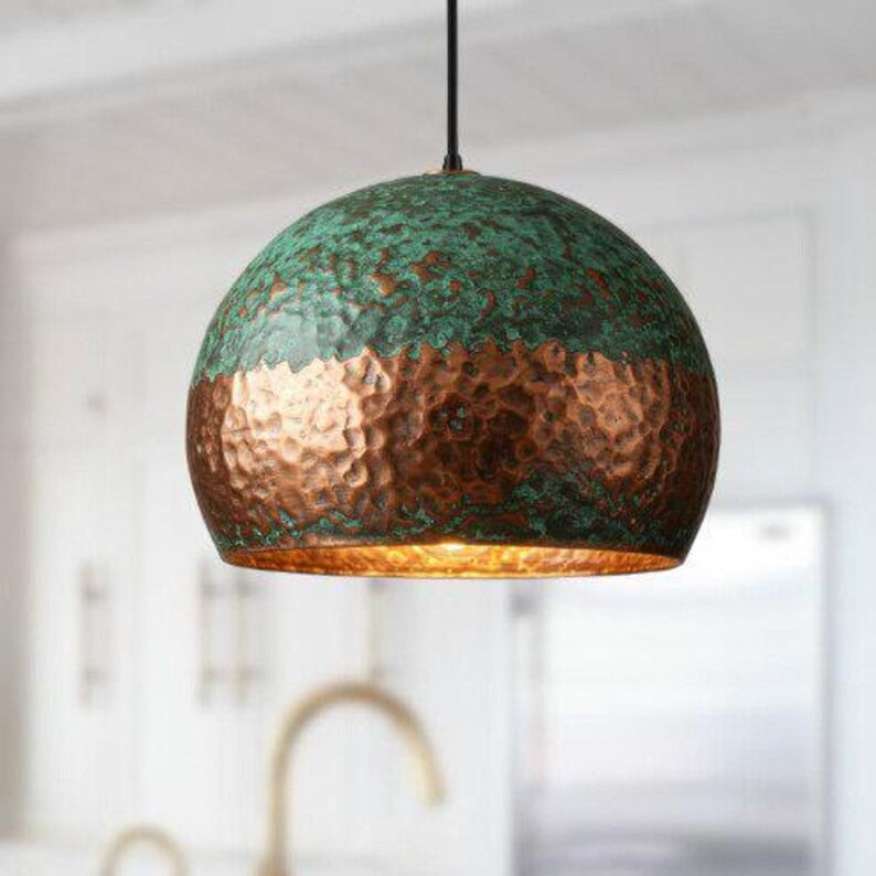 Handmade Green Patina Brass Pendant Light – Moroccan Hammered Copper Dome Hanging Lamp for Kitchen Island, Dining Room & Boho Home Décor