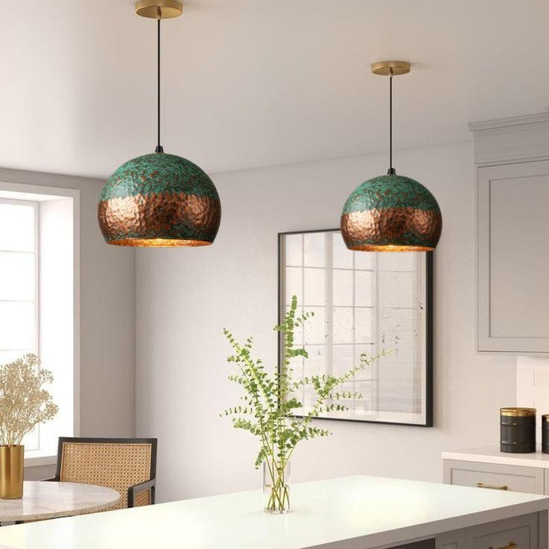 Handmade Green Patina Brass Pendant Light – Moroccan Hammered Copper Dome Hanging Lamp for Kitchen Island, Dining Room & Boho Home Décor