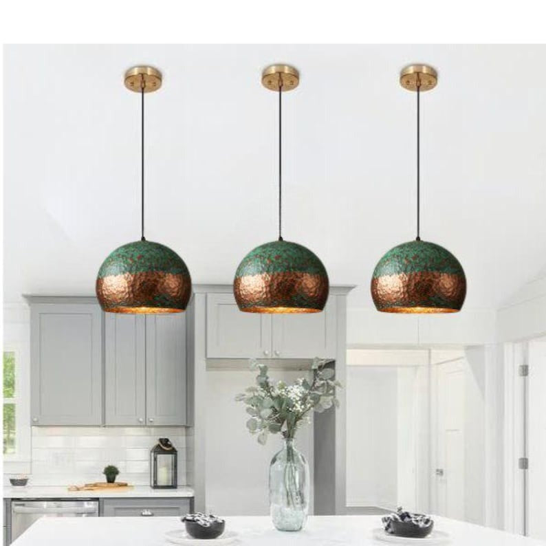 Handmade Green Patina Brass Pendant Light – Moroccan Hammered Copper Dome Hanging Lamp for Kitchen Island, Dining Room & Boho Home Décor