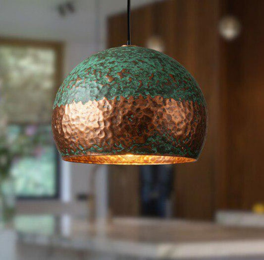 Handmade Green Patina Brass Pendant Light – Moroccan Hammered Copper Dome Hanging Lamp for Kitchen Island, Dining Room & Boho Home Décor