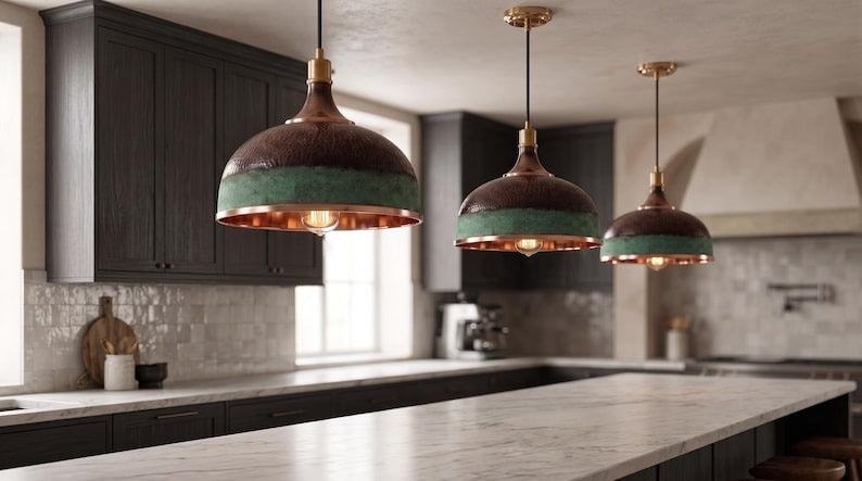 Handmade Moroccan Brass Pendant Light – Hammered Dome Ceiling Lamp with Verdigris Green Patina, Antique Copper Finish & Polished Brass Interior