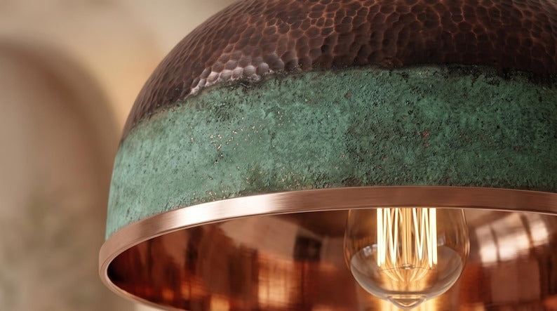 Handmade Moroccan Brass Pendant Light – Hammered Dome Ceiling Lamp with Verdigris Green Patina, Antique Copper Finish & Polished Brass Interior
