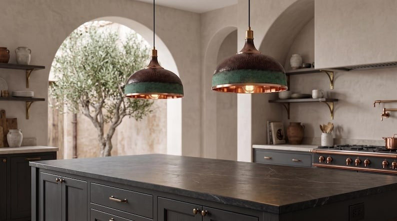 Handmade Moroccan Brass Pendant Light – Hammered Dome Ceiling Lamp with Verdigris Green Patina, Antique Copper Finish & Polished Brass Interior