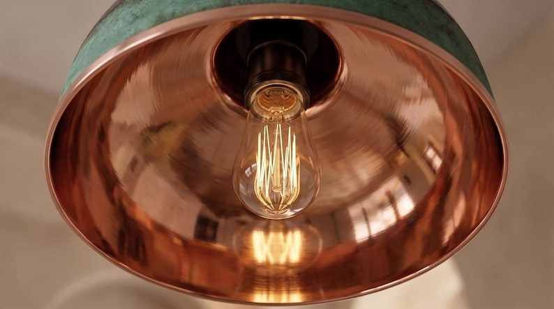 Handmade Moroccan Brass Pendant Light – Hammered Dome Ceiling Lamp with Verdigris Green Patina, Antique Copper Finish & Polished Brass Interior