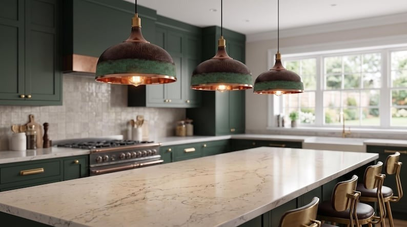 Handmade Moroccan Brass Pendant Light – Hammered Dome Ceiling Lamp with Verdigris Green Patina, Antique Copper Finish & Polished Brass Interior