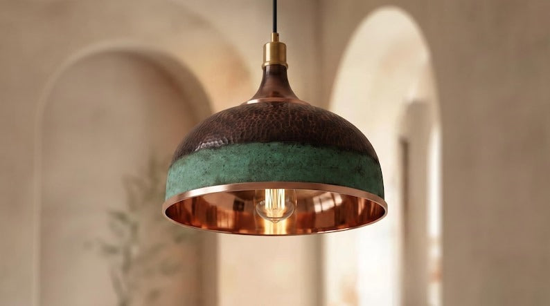 Handmade Moroccan Brass Pendant Light – Hammered Dome Ceiling Lamp with Verdigris Green Patina, Antique Copper Finish & Polished Brass Interior