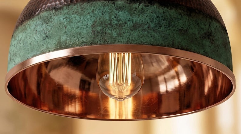 Handmade Moroccan Brass Pendant Light – Hammered Dome Ceiling Lamp with Verdigris Green Patina, Antique Copper Finish & Polished Brass Interior