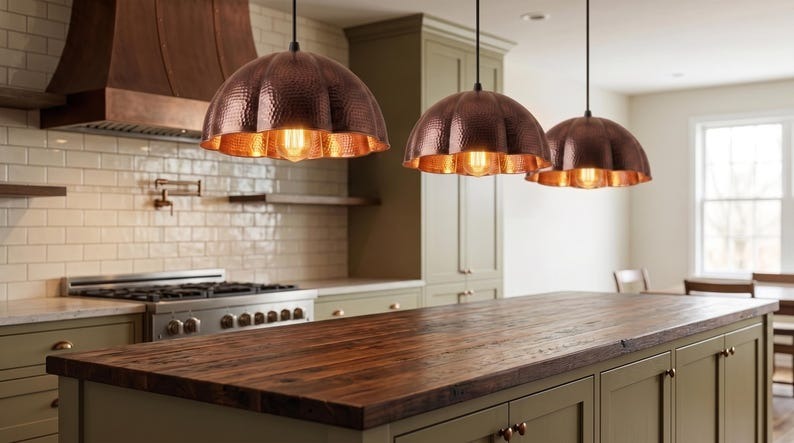 Handmade Moroccan Brass Pendant Light – Hammered Copper Flower Dome Ceiling Lamp with Scalloped Petal Edge, Rustic Kitchen Island Fixture