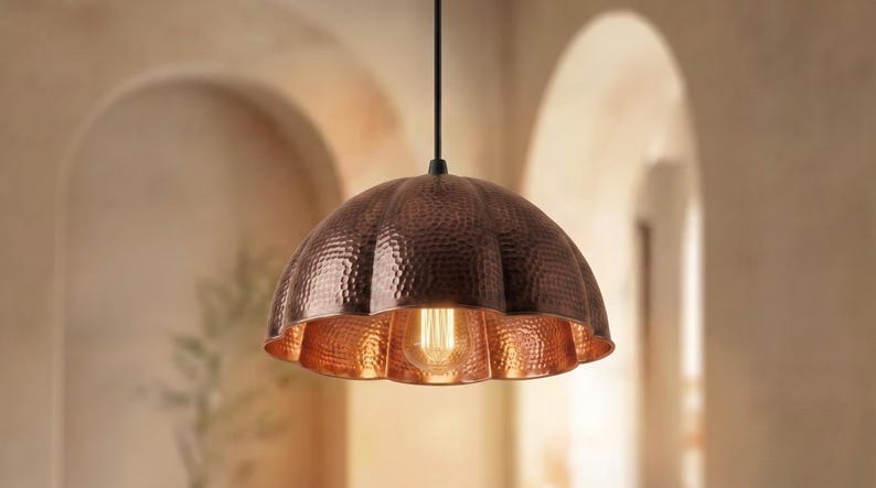 Handmade Moroccan Brass Pendant Light – Hammered Copper Flower Dome Ceiling Lamp with Scalloped Petal Edge, Rustic Kitchen Island Fixture