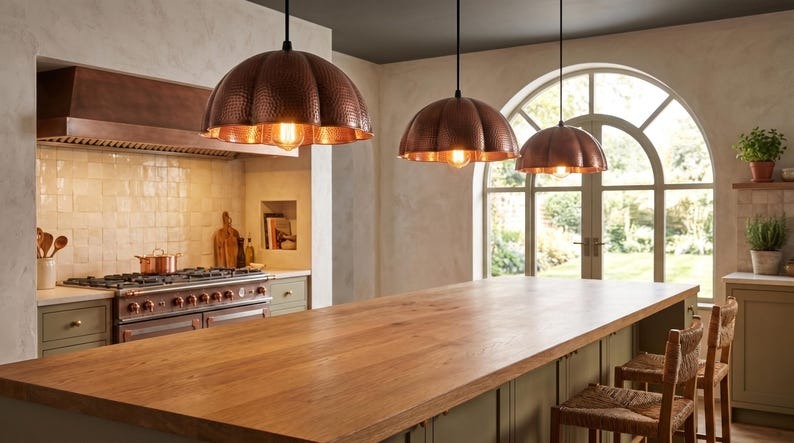 Handmade Moroccan Brass Pendant Light – Hammered Copper Flower Dome Ceiling Lamp with Scalloped Petal Edge, Rustic Kitchen Island Fixture