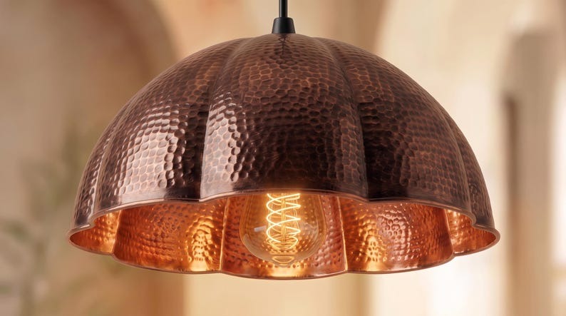 Handmade Moroccan Brass Pendant Light – Hammered Copper Flower Dome Ceiling Lamp with Scalloped Petal Edge, Rustic Kitchen Island Fixture