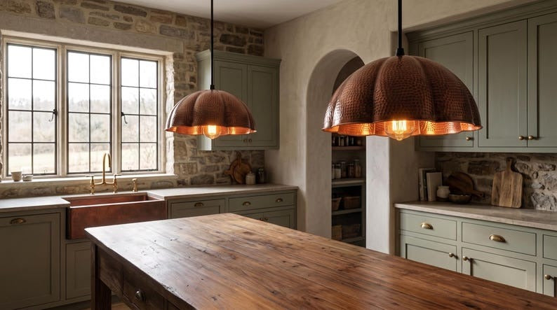 Handmade Moroccan Brass Pendant Light – Hammered Copper Flower Dome Ceiling Lamp with Scalloped Petal Edge, Rustic Kitchen Island Fixture