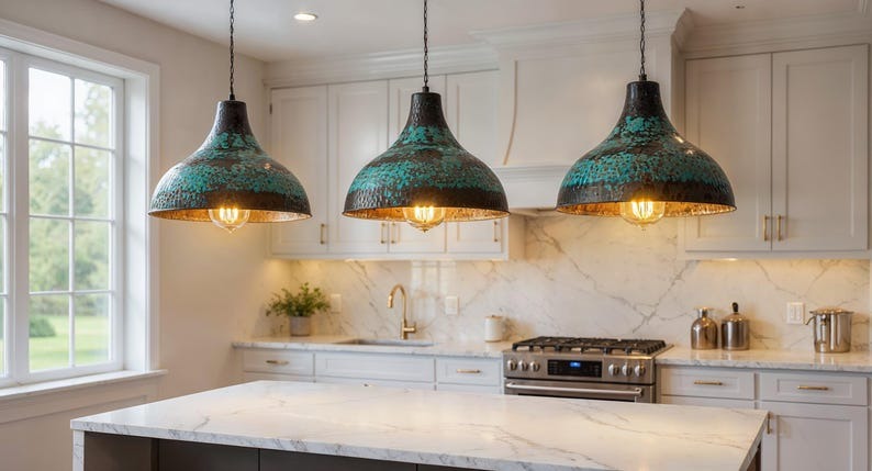 Green Patina Copper Funnel Pendant Light, Handmade Moroccan Verdigris Kitchen Island Chandelier, Rustic Aged Copper Hanging Lamp, Boho Farmhouse Ceiling Light Fixture