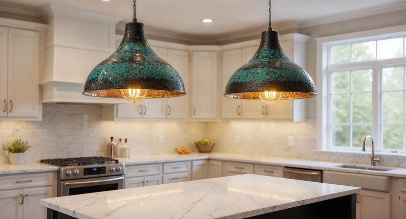Green Patina Copper Funnel Pendant Light, Handmade Moroccan Verdigris Kitchen Island Chandelier, Rustic Aged Copper Hanging Lamp, Boho Farmhouse Ceiling Light Fixture