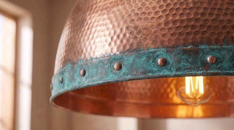 Handmade Brass Dome Pendant Light – Copper Hammered Brass Kitchen Island Pendant with Verdigris Patina Band, Moroccan Farmhouse Ceiling Light Fixture