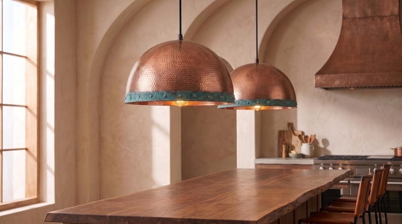 Handmade Brass Dome Pendant Light – Copper Hammered Brass Kitchen Island Pendant with Verdigris Patina Band, Moroccan Farmhouse Ceiling Light Fixture