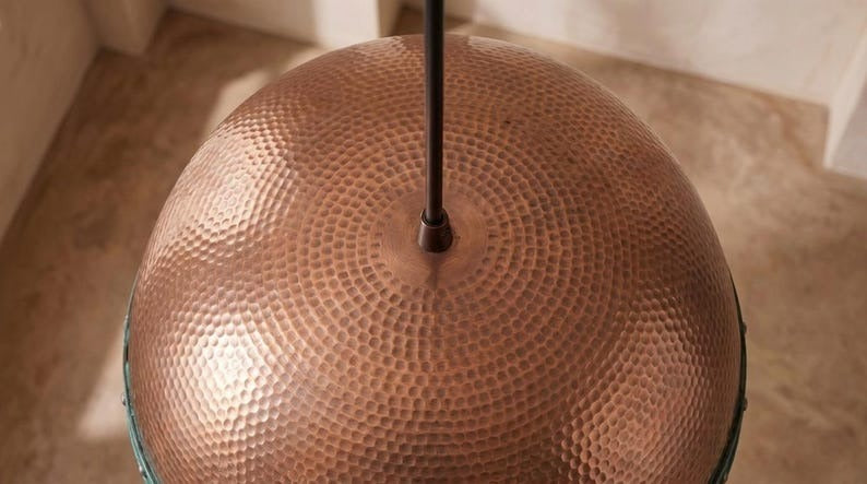 Handmade Brass Dome Pendant Light – Copper Hammered Brass Kitchen Island Pendant with Verdigris Patina Band, Moroccan Farmhouse Ceiling Light Fixture