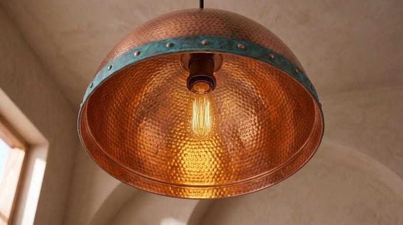 Handmade Brass Dome Pendant Light – Copper Hammered Brass Kitchen Island Pendant with Verdigris Patina Band, Moroccan Farmhouse Ceiling Light Fixture